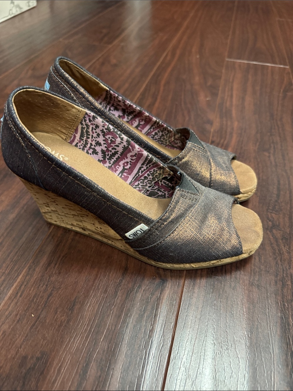 Toms Metallic Pewter Peep-Toe Wedge Sandals